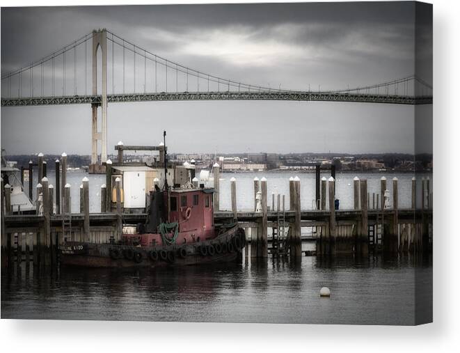 American Canvas Print featuring the photograph Red Tugboat and Newport Bridge II by Joan Carroll