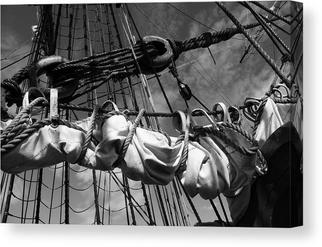 18th Century Canvas Print featuring the photograph Reefed canvas sail and rigging - monochrome by Ulrich Kunst And Bettina Scheidulin