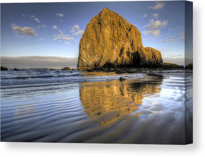 Reflection Canvas Print featuring the photograph Reflection of Haystack Rock at Cannon Beach 2 by David Gn