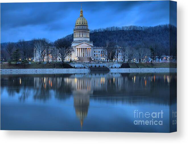 West Virginia Capitol Canvas Print featuring the photograph Reflections In The Kanawha River by Adam Jewell