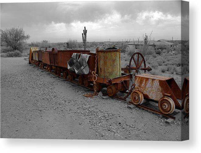 Retired Mining Equipment Canvas Print featuring the photograph Retired Mining Ore Cars by Richard J Cassato