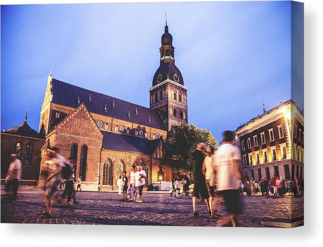 Gothic Style Canvas Print featuring the photograph Riga By Night by Leopatrizi