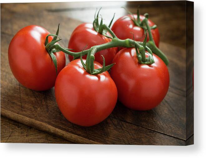 Juicy Canvas Print featuring the photograph Ripe Vine Tomatoes by John Shepherd
