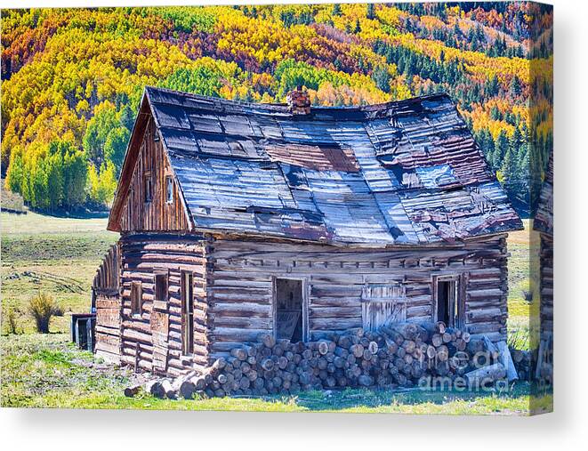 Autumn Canvas Print featuring the photograph Rocky Mountain Rural Rustic Cabin Autumn View by James BO Insogna