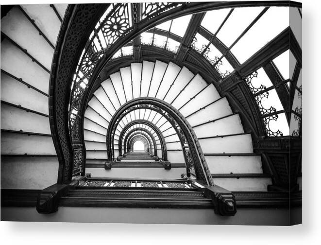 Chicago Canvas Print featuring the photograph Rookery Building Oriel Staircase - Black and White by Anthony Doudt