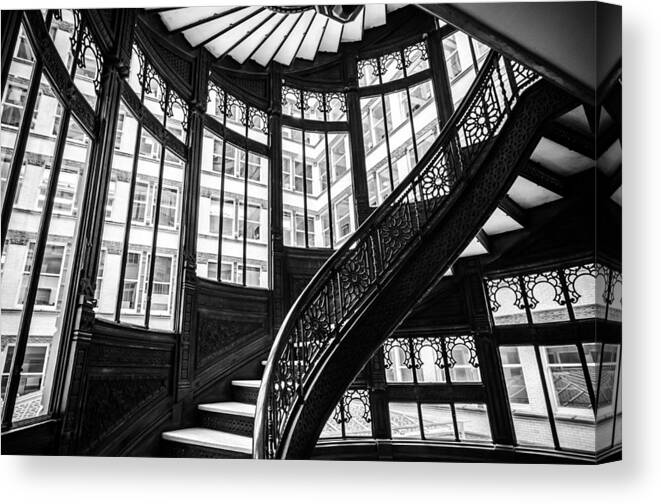 Chicago Canvas Print featuring the photograph Rookery Building Winding Staircase and Windows - Black and White by Anthony Doudt