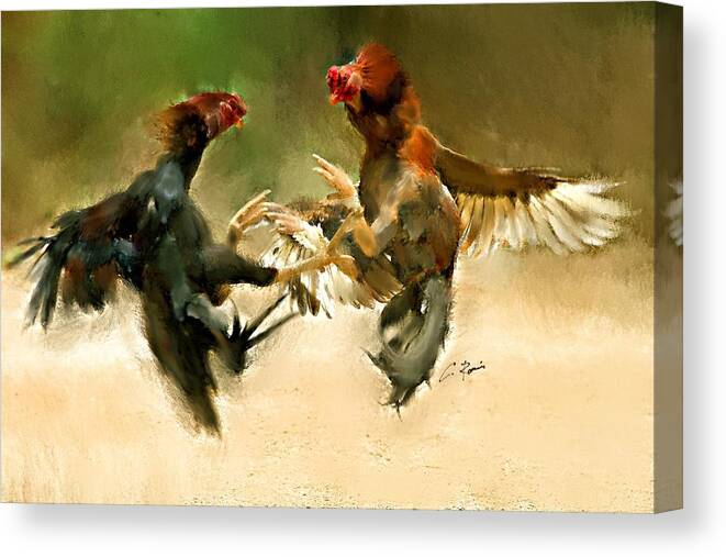 Rooster Canvas Print featuring the painting Rooster Fight HD by Charlie Roman