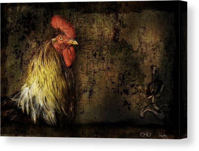 Animal Canvas Print featuring the mixed media Rooster with Brush Calligraphy Loyalty by Peter V Quenter