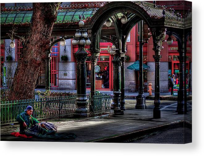 The Pergola Canvas Print featuring the photograph Rough Times in Seattle - The Pergola in Pioneer Square by David Patterson