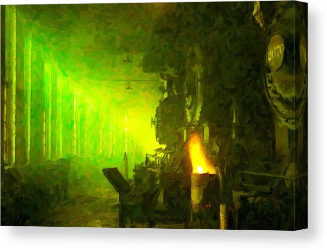 Train Canvas Print featuring the digital art Roundhouse Morning by Chuck Mountain