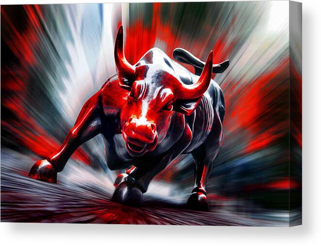 Wall Street Charging Bull In Red Canvas Print featuring the photograph Run by Az Jackson