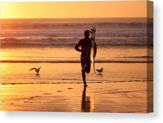 Sunset Canvas Print featuring the photograph Running to surf by Nathan Rupert