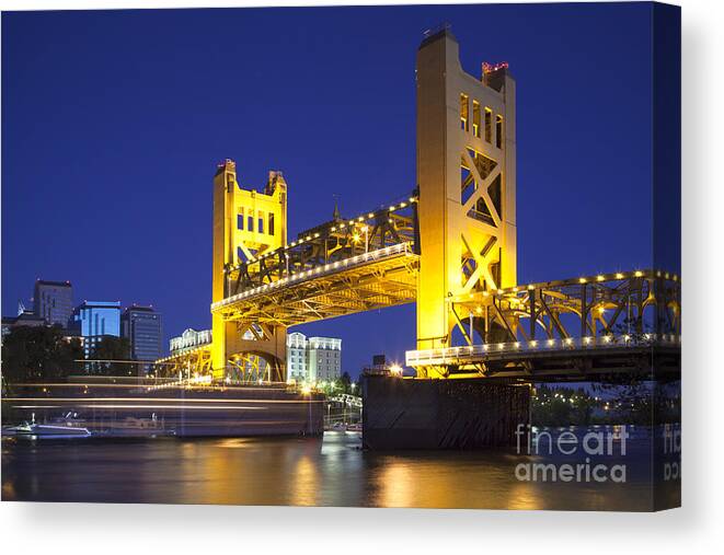 Sacramento Canvas Print featuring the photograph Sacramento River and Tower Bridge raised at dusk by Ken Brown