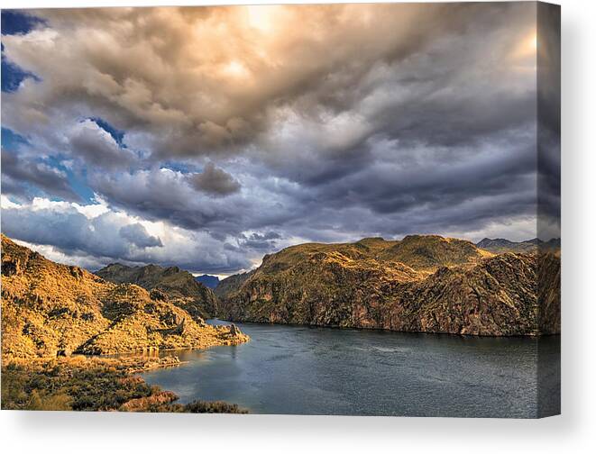 Lake Saguaro Storms Anthony Citro Canvas Print featuring the photograph Saguaro Storms by Anthony Citro