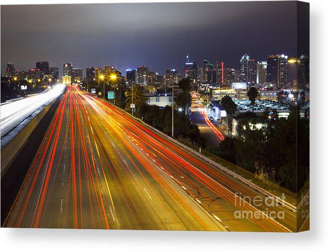 Long Exposure Canvas Print featuring the photograph San Diego Skyline by Bryan Mullennix