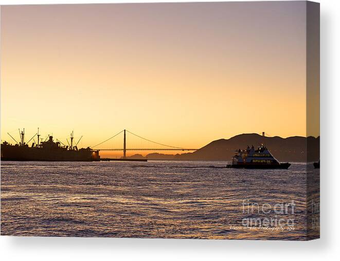 San Francisco Harbor At Pier 39 Canvas Print featuring the photograph San Francisco Harbor Golden Gate Bridge at Sunset by Artist and Photographer Laura Wrede