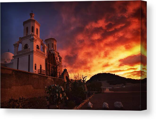 Mission San Javier Del Bac Canvas Print featuring the photograph San Javier del Bac Sunrise by Priscilla Burgers