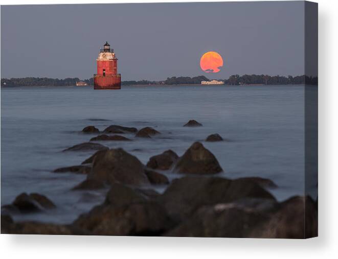 Moonrise Canvas Print featuring the photograph Sandy Point Lighthouse Moonrise by Jennifer Casey
