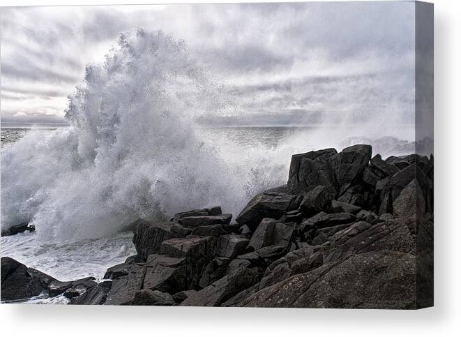 Hurricane Sandy Canvas Print featuring the photograph Sandy's Crashing Surf at Quoddy Head State Park by Marty Saccone