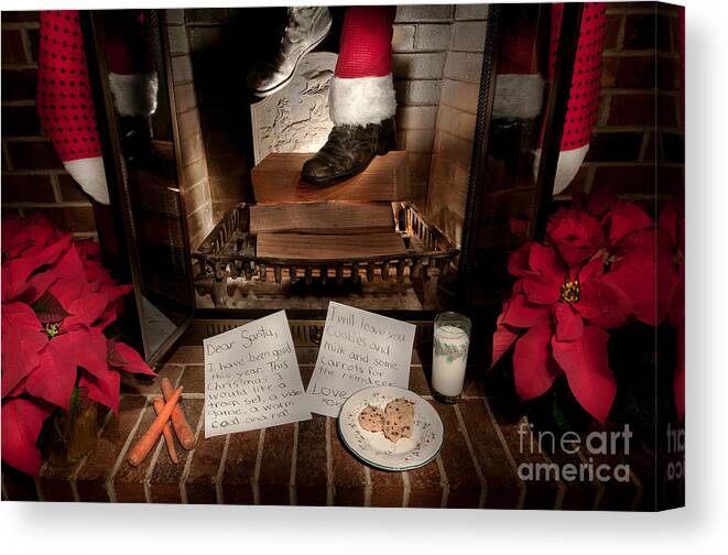 Santa Canvas Print featuring the photograph Santa Coming Down the Chimney by Gene Bleile Photography 