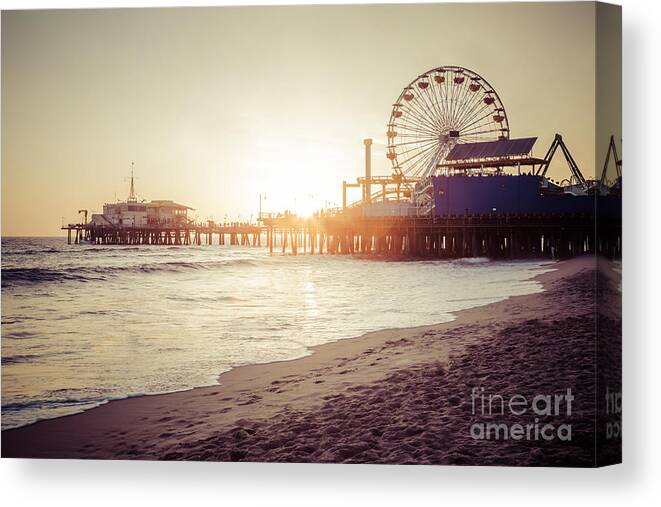 America Canvas Print featuring the photograph Santa Monica Pier Retro Sunset Picture by Paul Velgos