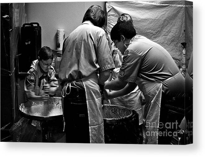 Breakfast Pancake Scouts Boyscouts Cubsouts Blackandwhite Batter Mix Whip Stir Kitchen Coffee Boys Friends Work Fundraise Horizontal America Midwest Illinois Teamwork Pentax Frank J Casella Canvas Print featuring the photograph Scouts Pancake Breakfast by Frank J Casella