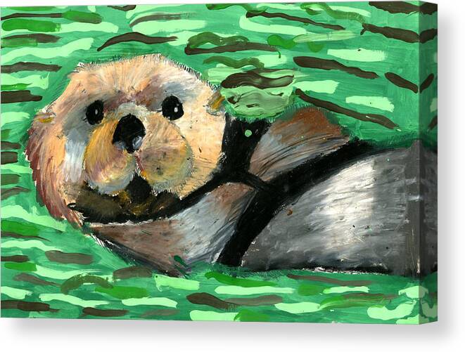 Otter Swimming Marine Mammal Furry Ocean Waves California Wildlife Canvas Print featuring the painting Sea Otter Cove by Kaila Coleman 2nd Grade by California Coastal Commission