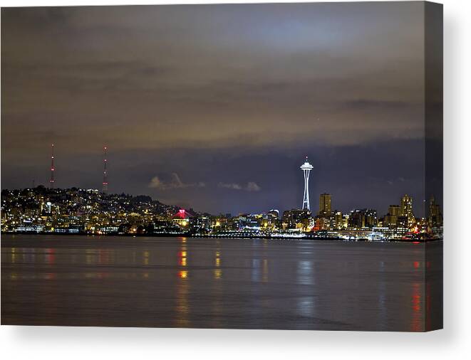 Night Photo Canvas Print featuring the photograph Seattle cityscape at night by SC Heffner