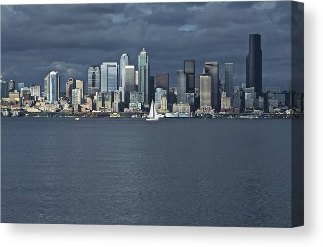 Night Photo Canvas Print featuring the photograph Seattle Cityscape from Alki Beach by SC Heffner