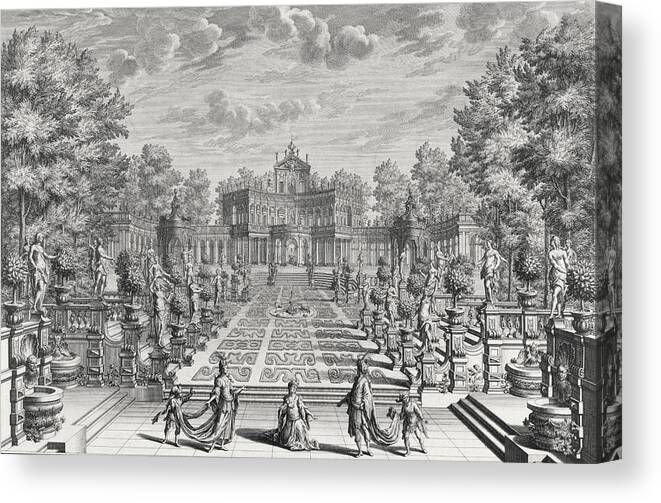 Path Canvas Print featuring the drawing Setting for an opera in a garden by Giuseppe Bibiena