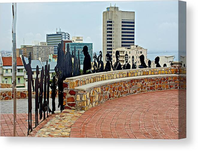 Shadow Representations Of People Coming To The Port In Donkin Reserve In Port Elizabeth Canvas Print featuring the photograph Shadow Representations of People Coming to the Port in Donkin Reserve in Port Elizabeth-South Africa  by Ruth Hager
