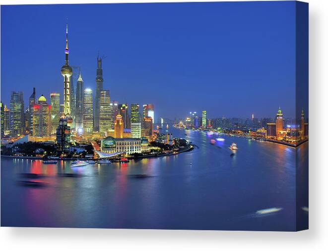 Clear Sky Canvas Print featuring the photograph Shanghai Cityscape Across Huangpu River by Wei Fang