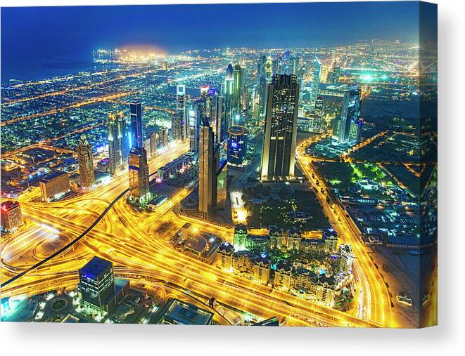 Architectural Feature Canvas Print featuring the photograph Sheikh Zayed Road Skyline Of Dubai by Eli asenova