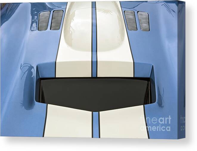 Shelby Motors Blue White Stripe Close Up Canvas Print featuring the photograph Shelby Motors Blue White Stripe Close Up by David Zanzinger