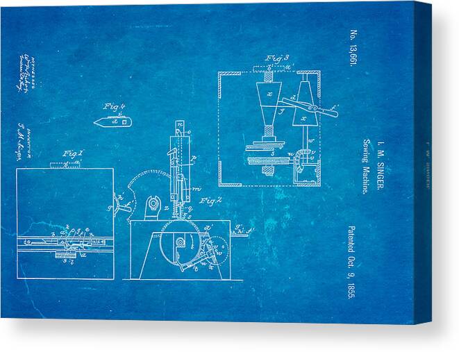 Crafts Canvas Print featuring the photograph Singer Sewing Machine Patent Art 1855 Blueprint by Ian Monk