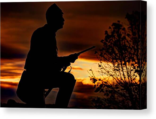 Civil War Canvas Print featuring the photograph Sky Fire - 1st PA Cavalry Regiment-A1 Cemetery Ridge Near Copse of Trees Dawn Autumn Gettysburg by Michael Mazaika