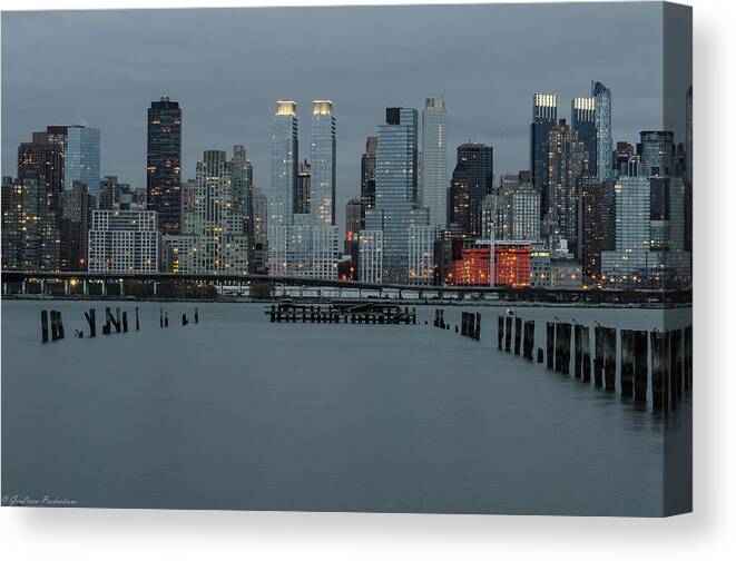 Blue Canvas Print featuring the photograph Skyline by the Pier by GeeLeesa Productions
