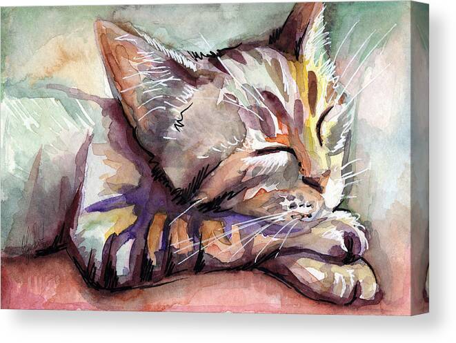 Sleeping Cat Canvas Print featuring the painting Sleeping Kitten by Olga Shvartsur