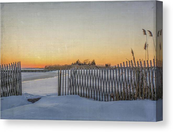 Fence Canvas Print featuring the photograph Snow Fence Sunset by Cathy Kovarik
