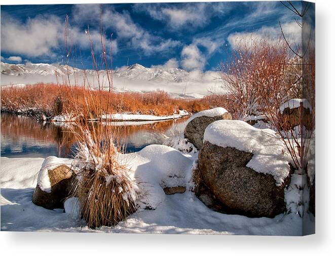 River Water Reflection Mountains Blue California eastern Sierra Nature Scenic Landscape Day Sky Clouds Snow Winter Blue Rocks Canvas Print featuring the photograph Snow on Rocks by Cat Connor