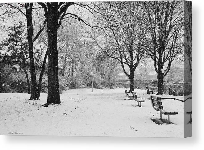 Seasonal Canvas Print featuring the photograph Snowing Out in black and white by Mikki Cucuzzo