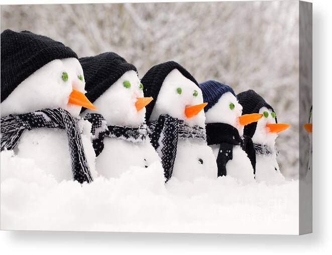 Snowmen Canvas Print featuring the photograph Snowmen close up in a row by Simon Bratt