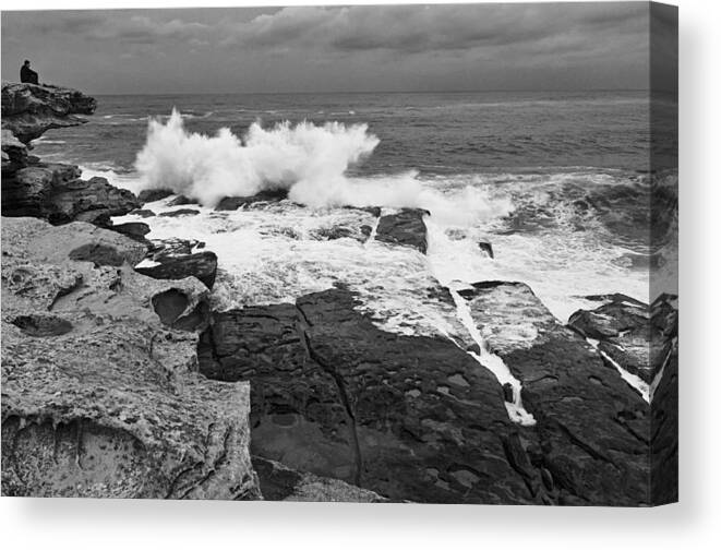 Crashing Waves Canvas Print featuring the photograph Solitude - Black and White by Photography By Sai