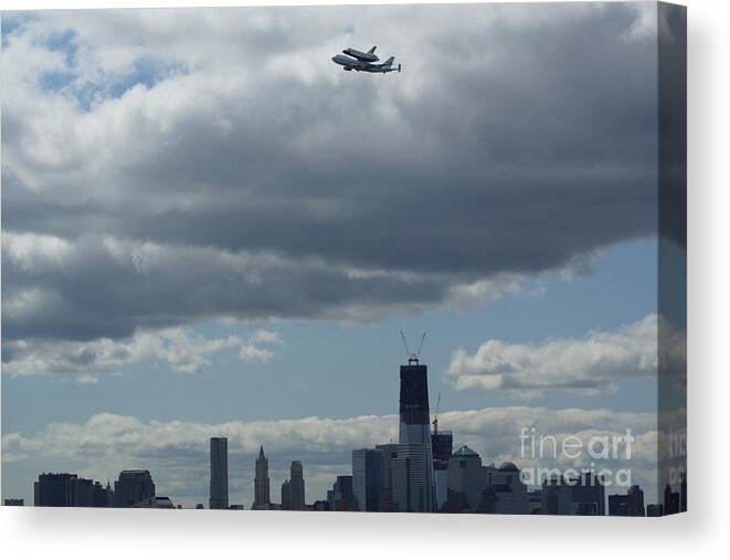 Space Canvas Print featuring the digital art Space Shuttle Enterprise flys over NYC by Steven Spak