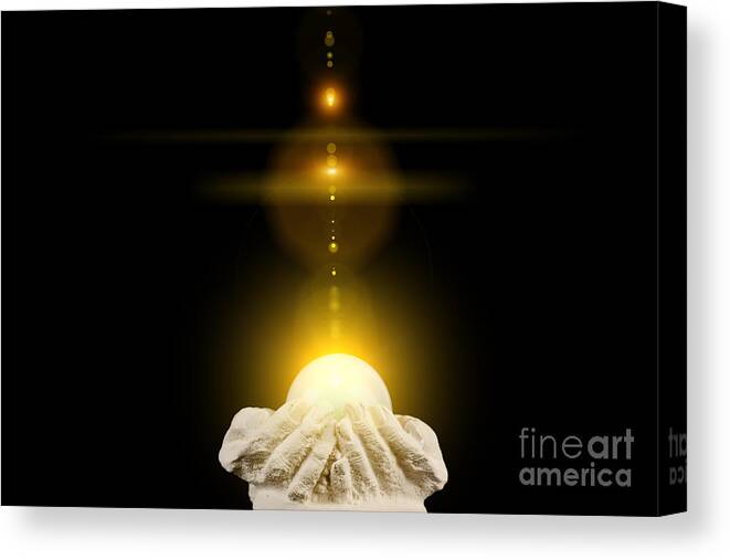 God Canvas Print featuring the photograph Spiritual healing light in cupped hands on black by Simon Bratt