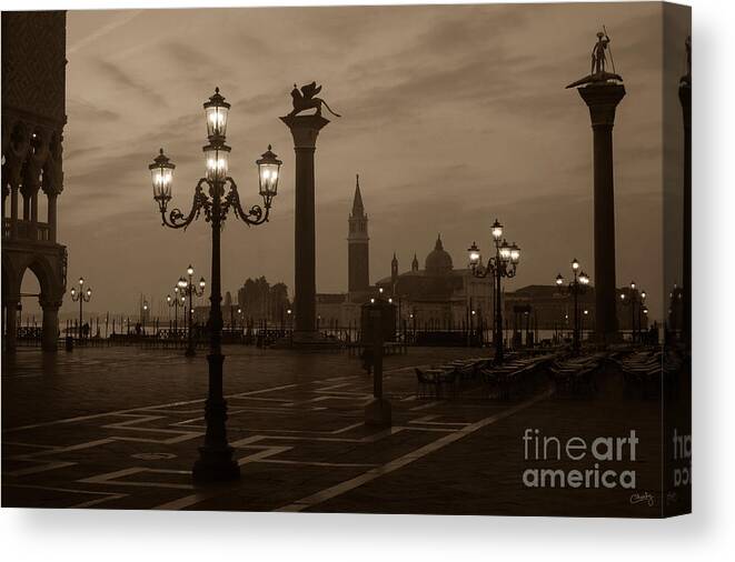 St. Mark's Square Canvas Print featuring the photograph St. Mark's Square at Sunrise in Sepia by Prints of Italy