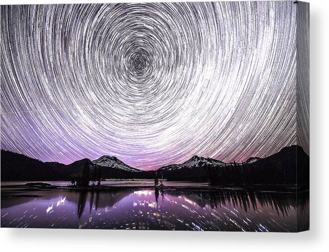 Star Trail Canvas Print featuring the photograph Star trails with Northern light by Hisao Mogi