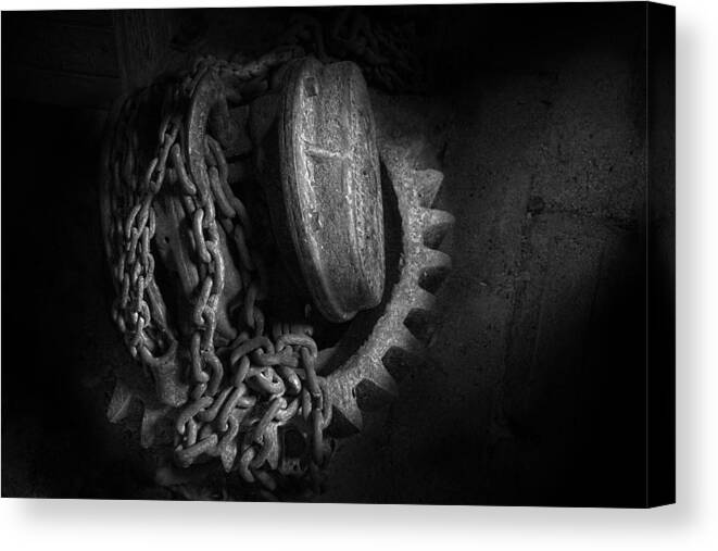 Steampunk Canvas Print featuring the photograph Steampunk - Gear - Hoist and chain by Mike Savad