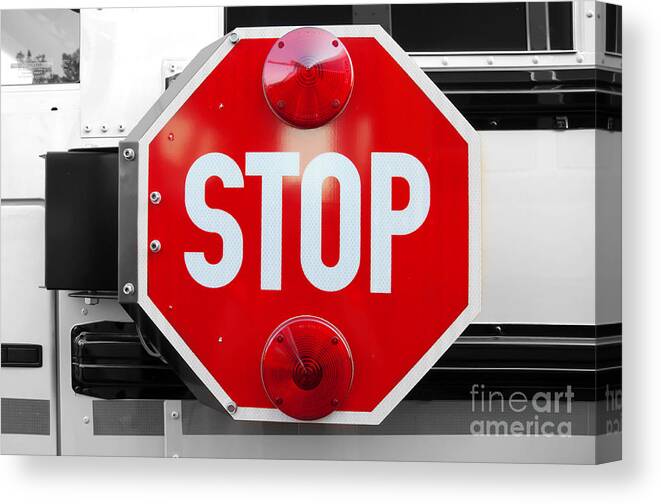 Bus Canvas Print featuring the photograph Stop BW Red Sign by Andee Design