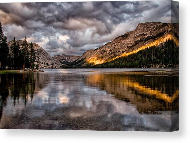 Water Reflection Lake Mountains Yosemite National Park Sierra Nevada Landscape Scenic Nature California Sunset Clouds Day Yellow Light Trees Canvas Print featuring the photograph Stormy Sunset at Tenaya by Cat Connor